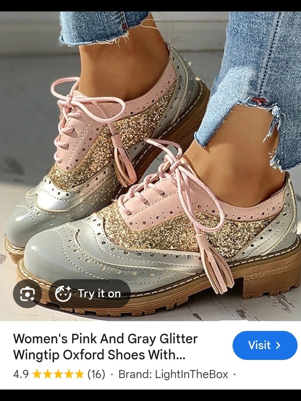 New Women's Pink, Gold Glitter, Silver abd Gray Wingtip Oxford Shoes, Size 9.5